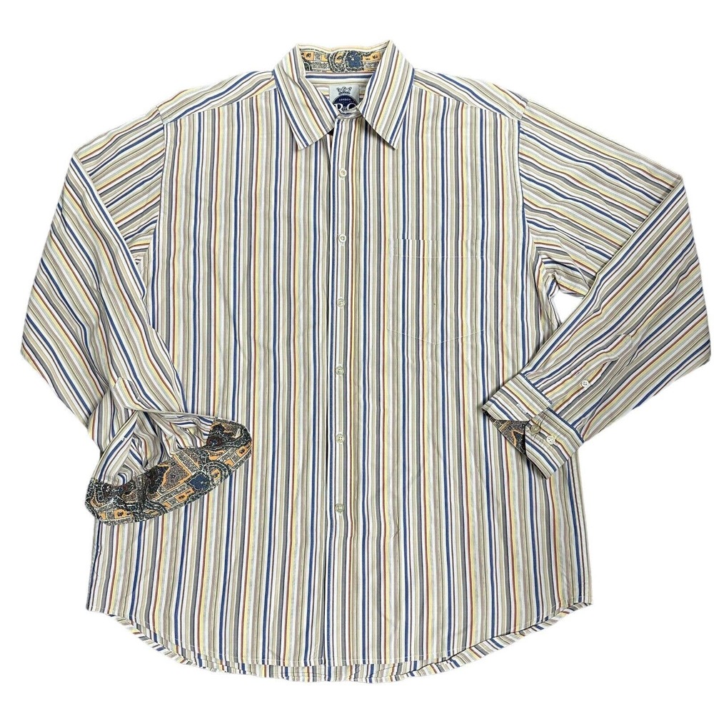 Robert Graham R&G Shirt Men XL Blue Yellow Multi Striped‎ Paisley Flip Cuff